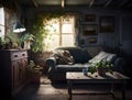 soft light illuminates a super cozy living room of a farmhouse, interior design of an old country house with some potted plant Royalty Free Stock Photo