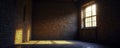 Soft light spills through window on cold brick wall, light, night, brick Royalty Free Stock Photo