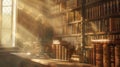 Soft light streams through dusty windows casting a hazy glow over rows of leatherbound books and antique figurines.