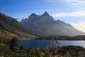 The soft light at sunset illuminating the layers in the mountains and lakes around Torres del Paine National Park