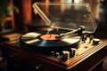 Soft lit nostalgia old record player gracefully spins vintage vinyl