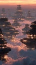 Soft-lit post-human residential megastructures floating in clouds with automated light patterns and no visible inhabitants. Royalty Free Stock Photo