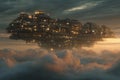 Soft-lit post-human residential megastructures floating in clouds with automated light patterns and no visible inhabitants. Royalty Free Stock Photo