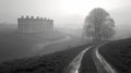Soft minimalistic landscape of english country side with fields and old mansion house, in black and white Royalty Free Stock Photo