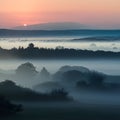 Soft mist envelops the landscape in a tranquil morning haze