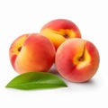Soft Mist: Three Peaches With Green Leaves On White Background Royalty Free Stock Photo