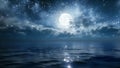 Soft moonbeams dance on the surface of the water creating a peaceful and dreamy atmosphere. .