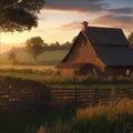 Soft morning light of a summer day, amidst the picturesque farmland and tranquil countryside, stands a wooden cottage, its