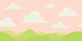 Soft nature landscape with pink sky, green hills. Rural scenery. Sunrise time. Vector illustration in simple