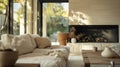 Soft neutral tones and natural materials lend a serene and inviting atmosphere to the hearth area with a chic fireplace