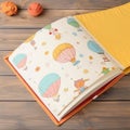 Soft opened childs book with airballoon pattern lie on wooden table, closeup. Abandoned learning book for kids