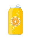 Soft orange or lemon drink can. Soda drink aluminum can. Vector illustration Royalty Free Stock Photo