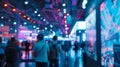 A soft outoffocus image of a bustling trade show floor where tech enthusiasts and entrepreneurs network amidst