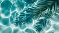 Soft palm leaf shadows gently cast on clear turquoise water surface with shimmering light reflections creating a tranquil tropical Royalty Free Stock Photo