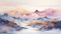 Soft pastel color watercolor abstract brush painting art of beautiful mountains
