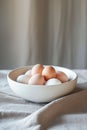 Soft pastel Easter eggs in a minimalist ceramic bowl on a neutral backdrop Royalty Free Stock Photo