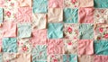 Soft pastel patchwork quilt. Intricate floral patterns. Arranged square sections. Light background. Beautiful delicate stitching. Royalty Free Stock Photo