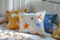 Soft pastel pillows with star patterns in a kid& x27;s room. Generative AI