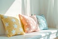 Soft pastel pillows with star patterns in a kid& x27;s room. Generative AI