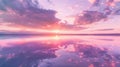 A soft pastelcolored sunset over a calm glassy lake. The sky is a blend of pinks purples and oranges and the water