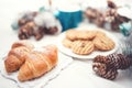 Soft photo of fresh baked croissants, healthy breakfast meal