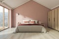 Soft pink attic bedroom interior