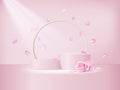 A soft pink double podium with a gold round frame and white feathers. Realistic vector background, 3d illustration. 3D