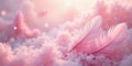 Soft pink feathers resting gently on a cloud of snow in warm light. Generative AI Royalty Free Stock Photo