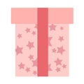 The soft pink gift box with lilac stars, red ribbon is isolated on a white background.