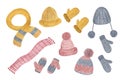Soft pink, grey and yellow colored knitted warm hats, mittens, scarf set hand drawn watercolor illustration, feminine trendy Royalty Free Stock Photo