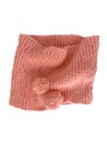 Soft pink lace knitted round scarf isolated on white background. Fashion children\'s accessory