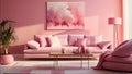 Soft pink lounge featuring a sofa and shelves