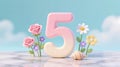Soft Pink Number Five with Flowers and Seashell on Marble Surface Royalty Free Stock Photo