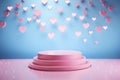 A soft pink podium under a shower of hearts against a pastel blue background, creating a whimsical feel. great for