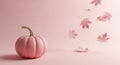 Soft pink pumpkin and falling autumn leaves on a pastel background Royalty Free Stock Photo