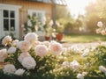 Soft pink roses bloom in a sunlit cottage garden. Cottage garden bliss