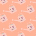 Soft pink watering can silhouettes seamless pattern. Gardenn tool ornament on light orange background