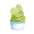 Soft pistachio or mint ice cream in a Cup. Decorated with a slice of lime. Vector illustration on white background. Royalty Free Stock Photo