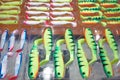 Soft plastic fishing baits in boxes Royalty Free Stock Photo