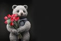 A soft plush grey bear holds a bouquet of red tulips in its paws.