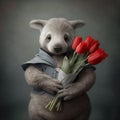 A soft plush grey bear holds a bouquet of red tulips in its paws.