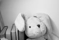 A soft plush toy leans on a row of books. Black and white photo.