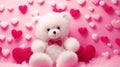 Soft plush toy white fluffy bear on a background of pink hearts