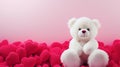 Soft plush toy white fluffy bear on a background of pink hearts
