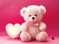 Soft plush toy white fluffy bear on a background of pink hearts