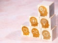 Soft power skills symbols on wood blocks as concept of new form of management