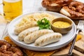 Soft pretzel and bavarian white sausage weisswurst Royalty Free Stock Photo