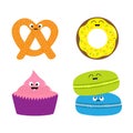 Soft pretzel, donut, cupcake, macaron or macaroon icon. Sweet bakery pastry set with face. Cute cartoon smiling character collecti Royalty Free Stock Photo