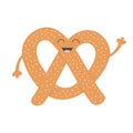 Soft pretzel icon. Sweet salted bakery pastry. Cute cartoon smiling character with face, eyes, hand. Fast food snack. . Wh