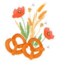 Soft Pretzels grouped with cereal ears and poppy flowers, flat vector isolated